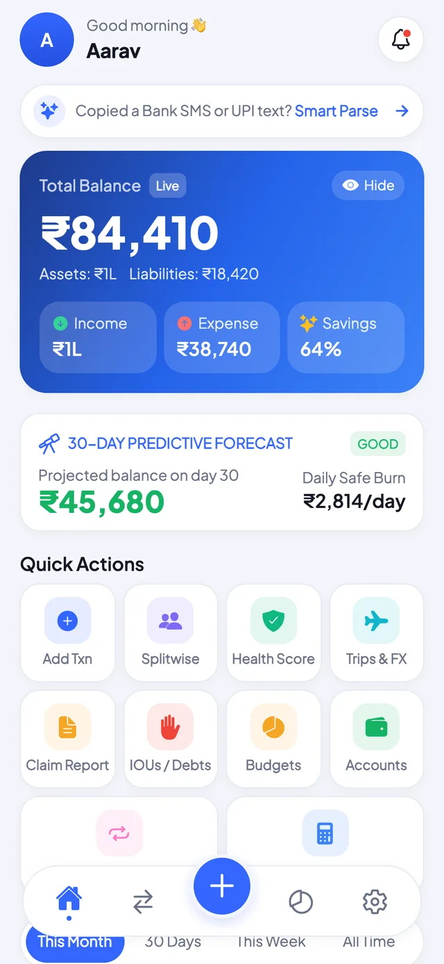 Expense Tracker dashboard showing balance, budgets and the 30-day cash forecast